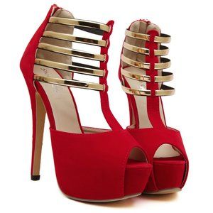 Sexy Women's Red Peep Toe Stiletto High Heels Platform Metal Sandals